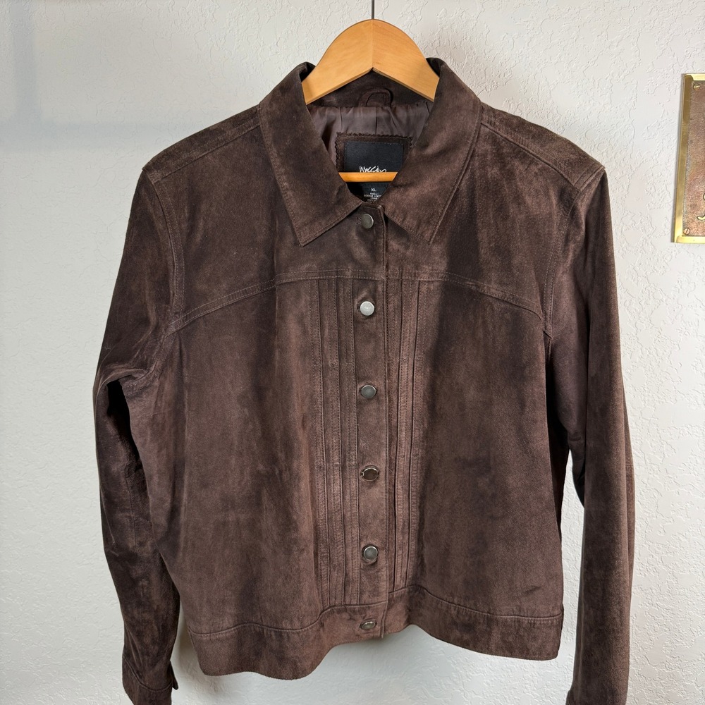 Mossimo‎ Brown Suede Leather Jacket Womens XL Button Front Trucker Style Pintuck